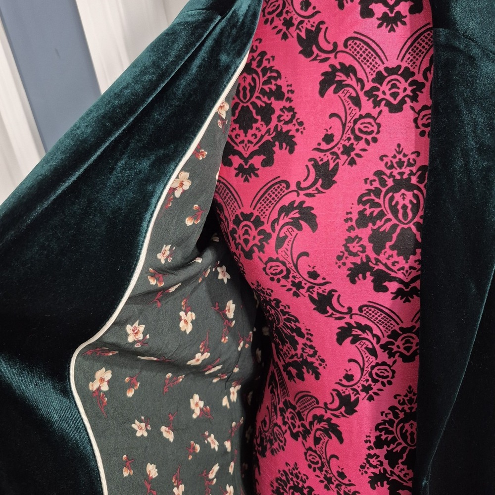 Skies Are Blue Velvet Duster Jacket Size Large Emerald Green Long Blazer Holiday - Picture 3 of 13